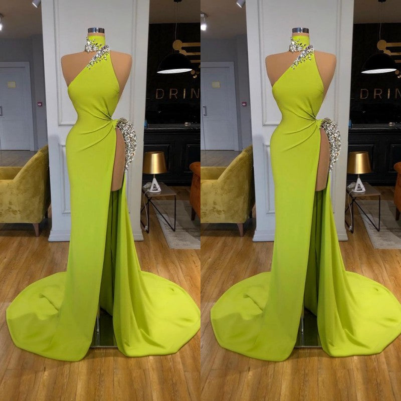 Unique Ginger yellow Triangle Neck Sexy high side-cut Long Evening Dress Unique Ginger yellow Triangle Neck Sexy high side-cut Long Evening Dress