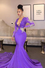 Unique Lace Appliques Deep Chic V-neck Prom Dresses Long Sleeves Fit and Flare Evening Gowns-Ballbella