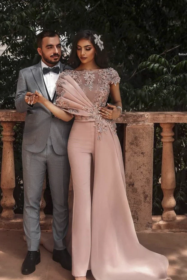 Unique Long Dusty Pink Cap sleeves Beaded Prom Pants Unique Long Dusty Pink Cap sleeves Beaded Prom Pants