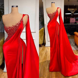 Unique Red Stones Sleeveless High split mermaid Evening Dress-Ballbella