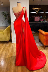 Unique Red Stones Sleeveless High split mermaid Evening Dress-Ballbella