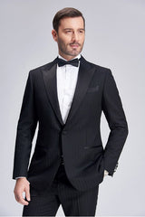 Unique Silk Peak Lapel Black Mens Suits for Wedding One Button Stripes Wedding Tuxedo-Ballbella