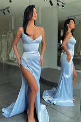 Unique Sky blue Stapless High-split sequined Prom Dress-Ballbella