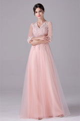 V-neck A-Line Floor Length Long sleeves Lace mother's dress-Ballbella