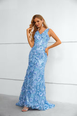 V-neck Appliques Lace Floor-length Sleeveless Open Back Mermaid Prom Dress-Ballbella