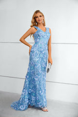 V-neck Appliques Lace Floor-length Sleeveless Open Back Mermaid Prom Dress-Ballbella