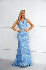 V-neck Appliques Lace Floor-length Sleeveless Open Back Mermaid Prom Dress-Ballbella