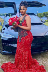 V-neck Burgundy Sequin Prom Dresses with Dark Sequins-Ballbella