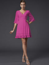 V-Neck Elegant 1/2 Sleeves Beading Short Chiffon Bridesmaid Dresses-Ballbella