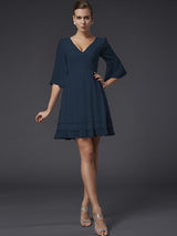 V-Neck Elegant 1/2 Sleeves Beading Short Chiffon Bridesmaid Dresses-Ballbella