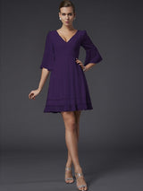 V-Neck Elegant 1/2 Sleeves Beading Short Chiffon Bridesmaid Dresses-Ballbella