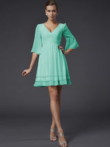 V-Neck Elegant 1/2 Sleeves Beading Short Chiffon Bridesmaid Dresses-Ballbella