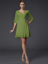 V-Neck Elegant 1/2 Sleeves Beading Short Chiffon Bridesmaid Dresses-Ballbella