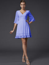 V-Neck Elegant 1/2 Sleeves Beading Short Chiffon Bridesmaid Dresses-Ballbella