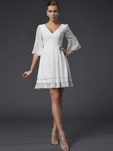 V-Neck Elegant 1/2 Sleeves Beading Short Chiffon Bridesmaid Dresses-Ballbella