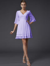 V-Neck Elegant 1/2 Sleeves Beading Short Chiffon Bridesmaid Dresses-Ballbella
