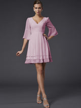 V-Neck Elegant 1/2 Sleeves Beading Short Chiffon Bridesmaid Dresses-Ballbella