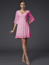 V-Neck Elegant 1/2 Sleeves Beading Short Chiffon Bridesmaid Dresses-Ballbella