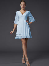 V-Neck Elegant 1/2 Sleeves Beading Short Chiffon Bridesmaid Dresses-Ballbella