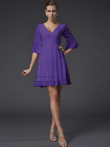 V-Neck Elegant 1/2 Sleeves Beading Short Chiffon Bridesmaid Dresses-Ballbella