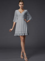 V-Neck Elegant 1/2 Sleeves Beading Short Chiffon Bridesmaid Dresses-Ballbella