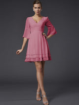 V-Neck Elegant 1/2 Sleeves Beading Short Chiffon Bridesmaid Dresses-Ballbella