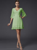 V-Neck Elegant 1/2 Sleeves Beading Short Chiffon Bridesmaid Dresses-Ballbella