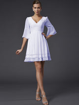 V-Neck Elegant 1/2 Sleeves Beading Short Chiffon Bridesmaid Dresses-Ballbella