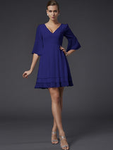 V-Neck Elegant 1/2 Sleeves Beading Short Chiffon Bridesmaid Dresses-Ballbella