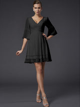 V-Neck Elegant 1/2 Sleeves Beading Short Chiffon Bridesmaid Dresses-Ballbella