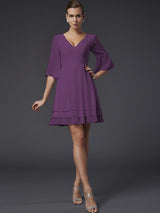 V-Neck Elegant 1/2 Sleeves Beading Short Chiffon Bridesmaid Dresses-Ballbella