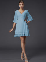 V-Neck Elegant 1/2 Sleeves Beading Short Chiffon Bridesmaid Dresses-Ballbella