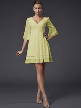V-Neck Elegant 1/2 Sleeves Beading Short Chiffon Bridesmaid Dresses-Ballbella