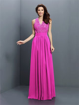 V-Neck Elegant Applique Sleeveless Long Chiffon Bridesmaid Dresses-Ballbella
