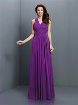 V-Neck Elegant Applique Sleeveless Long Chiffon Bridesmaid Dresses-Ballbella