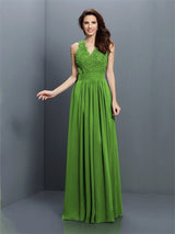 V-Neck Elegant Applique Sleeveless Long Chiffon Bridesmaid Dresses-Ballbella