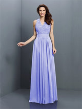 V-Neck Elegant Applique Sleeveless Long Chiffon Bridesmaid Dresses-Ballbella