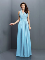 V-Neck Elegant Applique Sleeveless Long Chiffon Bridesmaid Dresses-Ballbella