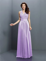 V-Neck Elegant Applique Sleeveless Long Chiffon Bridesmaid Dresses-Ballbella