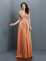 V-Neck Elegant Applique Sleeveless Long Chiffon Bridesmaid Dresses-Ballbella