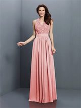 V-Neck Elegant Applique Sleeveless Long Chiffon Bridesmaid Dresses-Ballbella