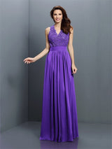 V-Neck Elegant Applique Sleeveless Long Chiffon Bridesmaid Dresses-Ballbella