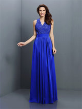 V-Neck Elegant Applique Sleeveless Long Chiffon Bridesmaid Dresses-Ballbella
