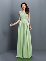 V-Neck Elegant Applique Sleeveless Long Chiffon Bridesmaid Dresses-Ballbella