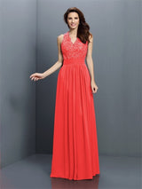 V-Neck Elegant Applique Sleeveless Long Chiffon Bridesmaid Dresses-Ballbella
