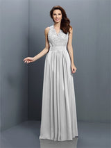 V-Neck Elegant Applique Sleeveless Long Chiffon Bridesmaid Dresses-Ballbella