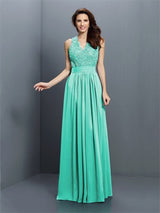 V-Neck Elegant Applique Sleeveless Long Chiffon Bridesmaid Dresses-Ballbella