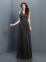 V-Neck Elegant Applique Sleeveless Long Chiffon Bridesmaid Dresses-Ballbella