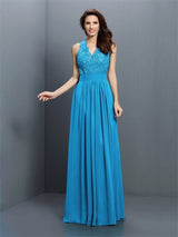 V-Neck Elegant Applique Sleeveless Long Chiffon Bridesmaid Dresses-Ballbella