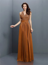 V-Neck Elegant Applique Sleeveless Long Chiffon Bridesmaid Dresses-Ballbella